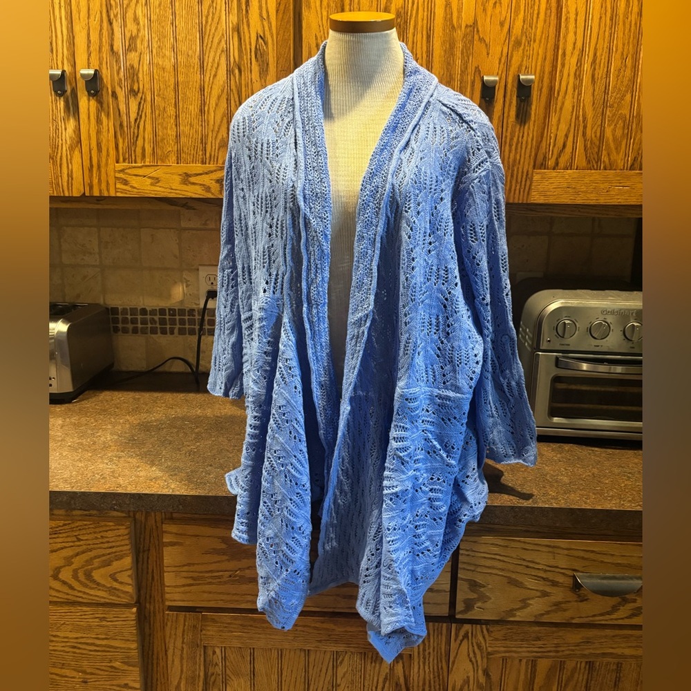 💙🩵Woman Within Light Blue Open Knit Cardigan
